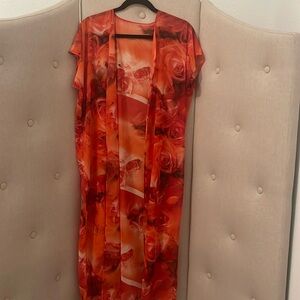 Custom Made Red and Black Floral Shiny Fabric Sleeveless Long Kimono